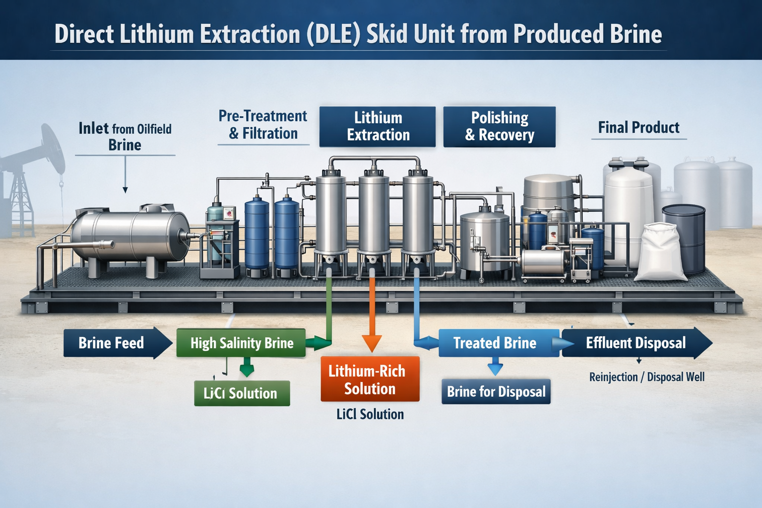 Direct Lithium Extraction (DLE) Skid Unit from Produced Brine – process schematic showing brine feed, pre-treatment, lithium extraction, polishing and recovery, and final product stages